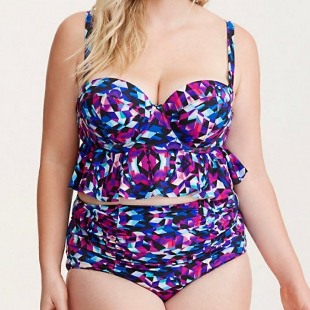 Torrid bikini top and bottom set, geometric, purple pink, blue, prism